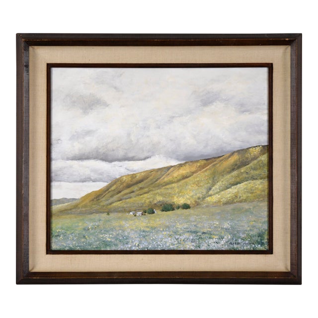 "Spring Hills" Mid Century Modern Farmhouse Landscape in Acrylic on Masonite by Farren Jensen For Sale