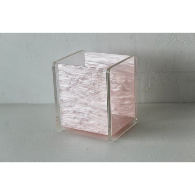Plastic Vintage Mid-Century Acrylic Lucite Pink Mother of Pearl/Marble Effect Rectangular Wastebasket For Sale - Image 7 of 13