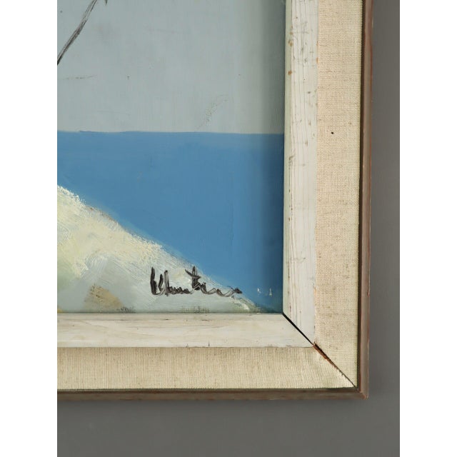 Blue Mid-Century Modern 'Cliffside Houses' Swedish Original Coastal Landscape Oil Painting, Framed For Sale - Image 8 of 13