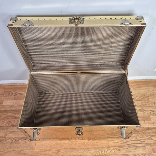 Wood 1960s Sarreid Style Patinated Distressed Brass Clad Trunk Chest Hollywood Regency For Sale - Image 7 of 13