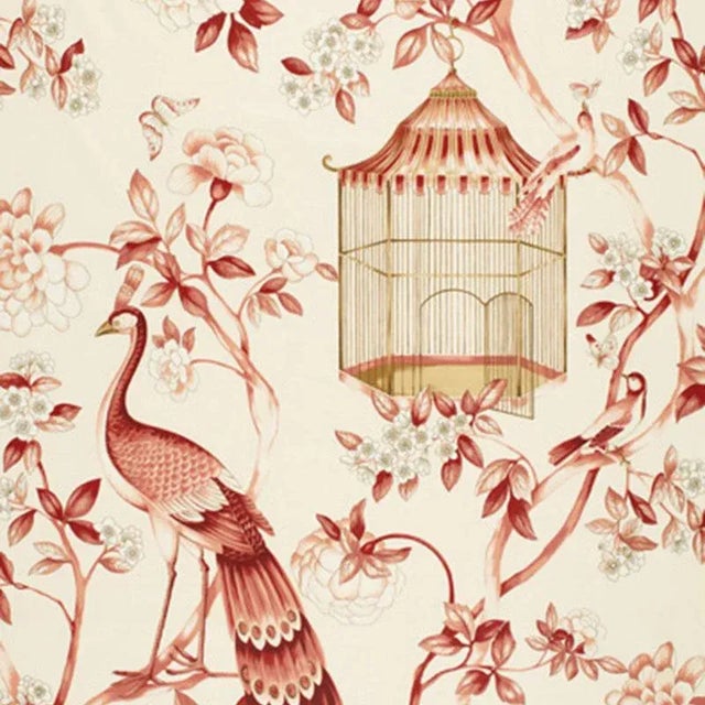 Sample- Schumacher Oiseaux Et Fleurs Fabric in Cinnabar For Sale