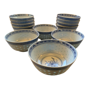 Vintage Chinese Blue & White Porcelain Rice Grain Bowls Set of 12