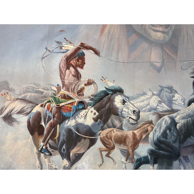 1970s 1970s Original Bill Larsen Native American Indian Chief Horse Hunt Oil Painting Canvas For Sale - Image 5 of 13
