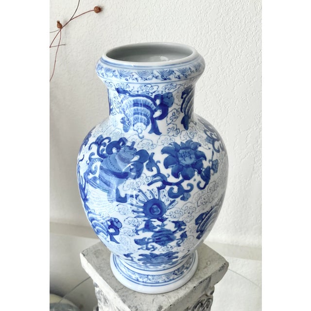 Contemporary Late 20th-Century Contemporary Blue White Chinoiserie Earthenware Vase For Sale - Image 3 of 13