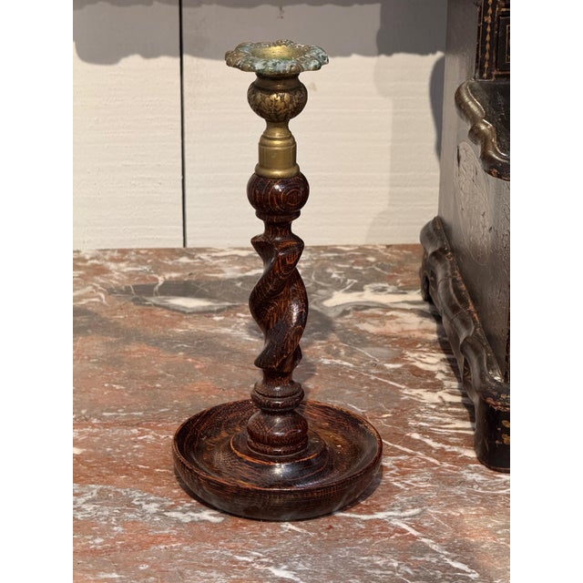 Pair of Oak Barley Twist Candlesticks With Brass Sconces For Sale - Image 4 of 7