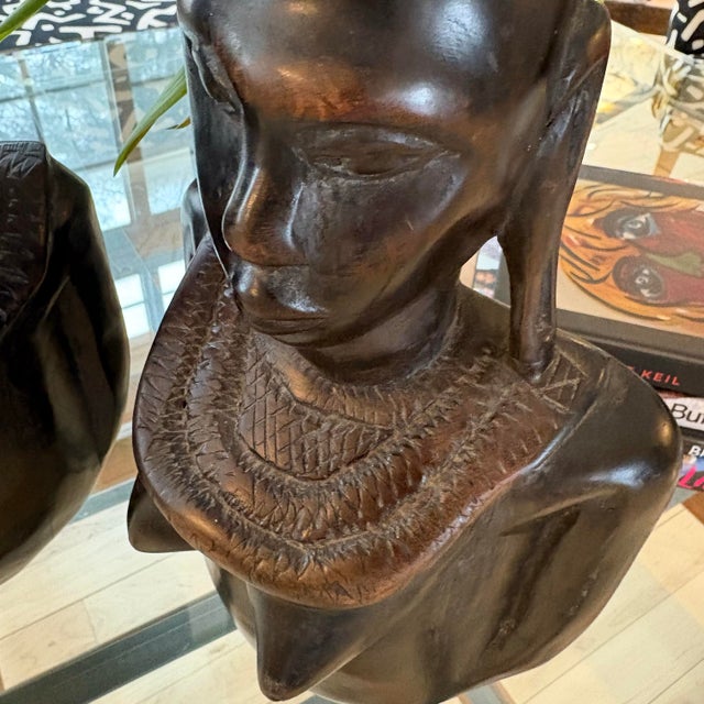 Pair of Vintage African Hand-Carved Wood Bust Sculptures, Tribal Modern Style, 16 Inches For Sale - Image 4 of 12