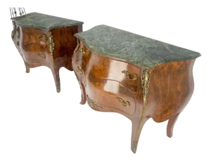 Pair of 41" Wide Green Marble Top Louis V Bombay French Burl Dressers Commodes