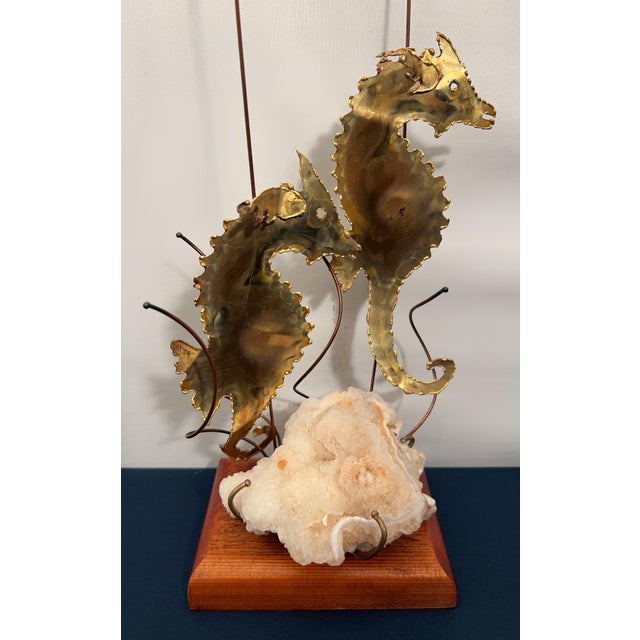 Mid-Century Modern Vintage Brass Seahorse Sculpture on Quartz & Teak Base For Sale - Image 3 of 10