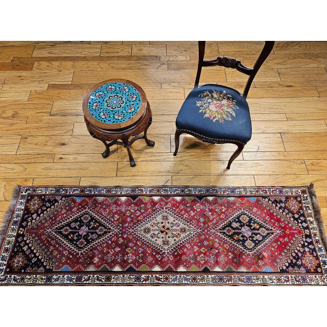 Vintage Persian Qashqai Gabbeh Runner Rug, Hand-Knotted Wool, Geometric Medallions Pattern, 2x7, Red & Navy For Sale - Image 4 of 14