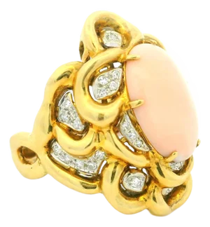 Vintage Italian Angel Skin Coral and Diamond Cocktail Ring in 18k Yellow Gold, Size 9