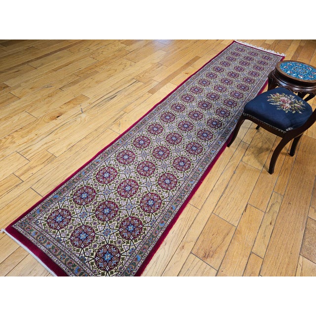 Vintage Persian Qum Runner Rug, Hand-Knotted Wool, Allover Geometric Pattern, 3x13, Tan & Red For Sale - Image 13 of 14