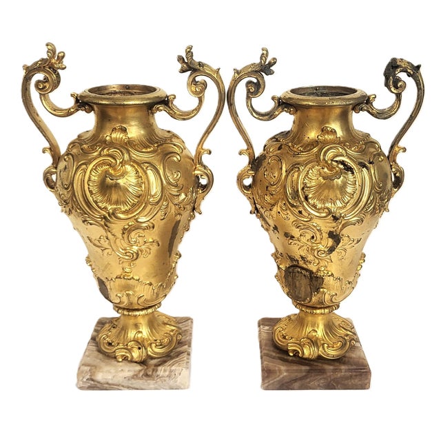 Late 19th Century Pair Antique French 19th C Rococo Gilt Bronze Urns Barbedienne Vase on Marble For Sale - Image 5 of 18