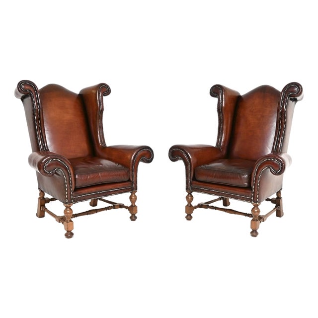 Antique Leather Wing Back Armchairs, 1920s, Set of 2 For Sale