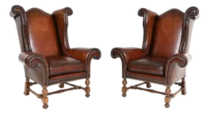 Antique Leather Wing Back Armchairs, 1920s, Set of 2