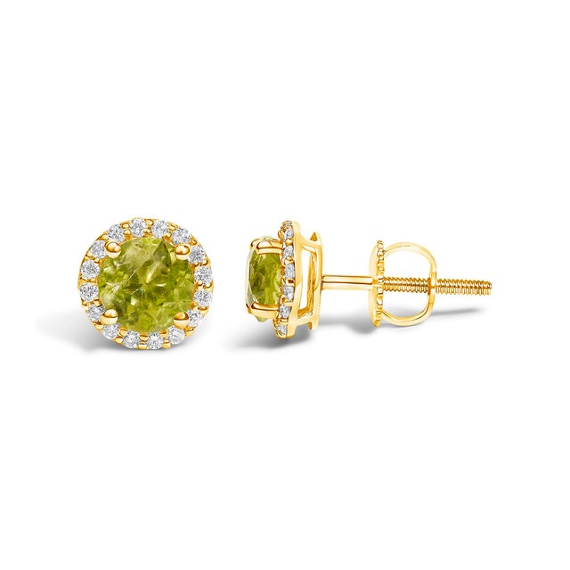 Contemporary 10K Yellow Gold Green Peridot and 1/6 Cttw Diamond Halo Stud Earring For Sale - Image 3 of 5