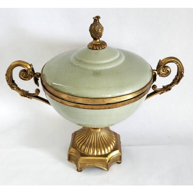 French Footed Bowl or Urn Celadon Green & Brass Candy Dish For Sale - Image 3 of 12