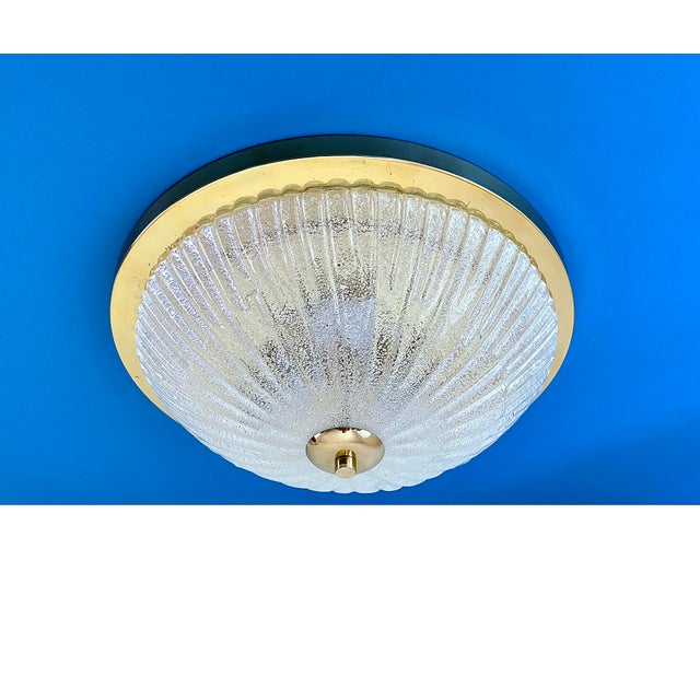 Large vintage glass flush mount light in the manner of Barovier Toso, ribbed glass, brass base. 7.48 in.H / 19 cmH...