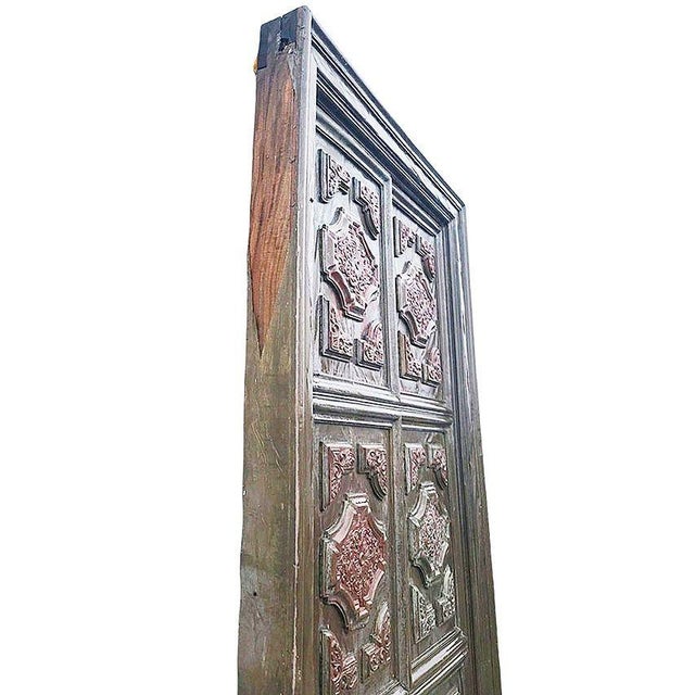 Traditional Large 8' Mediterranean Multipaneled Molding Bronze Covered Walnut Double Doors For Sale - Image 3 of 5