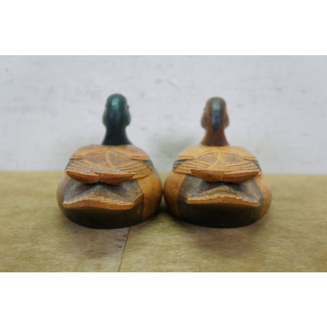 Wood Mid 20th Century Chinese Hand-Carved Wood Mallard Drake and Hen Duck Decoys Pair 10" For Sale - Image 7 of 14
