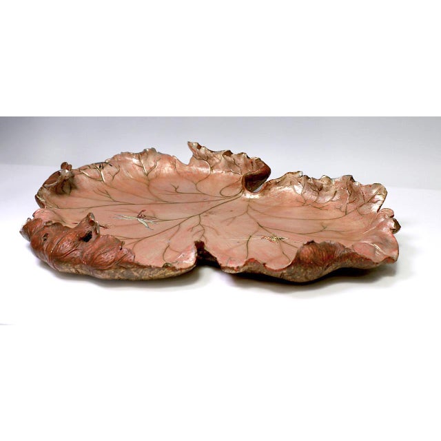 Early 20th Century Large Italian 'Golden Age' Polychrome Leaf Form Center Piece, Tray With Dragonflies & Insects For Sale - Image 5 of 10