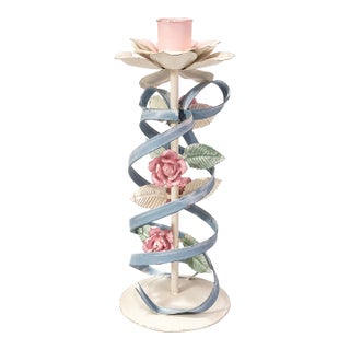 Vintage Tole Ribbon & Floral Candlestick Holder, Blue Ribbon & Pastel Flowers For Sale