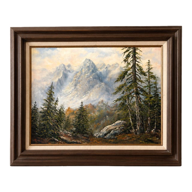 Vintage Signed Original Mountain Landscape Oil Painting on Canvas | Framed Alpine Forest Scene | 31” X 25.5” For Sale