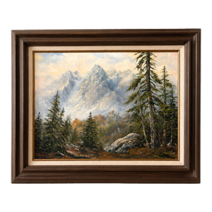 Vintage Signed Original Mountain Landscape Oil Painting on Canvas | Framed Alpine Forest Scene | 31” X 25.5”