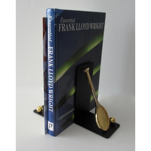 C.1980's Brass Tennis Racket & Ball Bookends With Black Satin Metal Backs -Made Exclusively for Lord & Taylor For Sale - Image 12 of 13