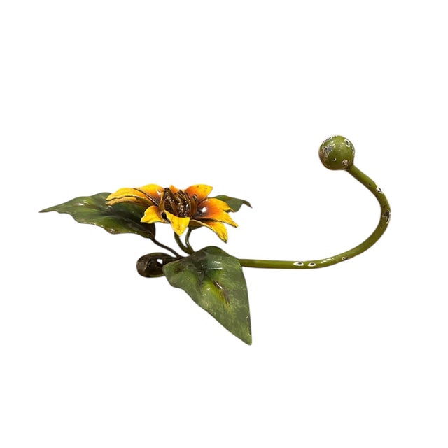 Hollywood Regency Vintage Italian Tole Sunflower Hook Rack / Toleware Floral Wall / Coat / Robe Hook For Sale - Image 3 of 5