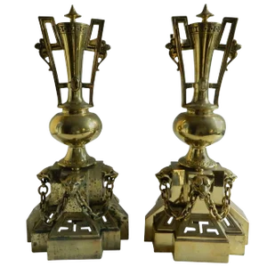 Polished Brass Chenets or Andirons, Panther Heads Motif, 19th Century - a Pair