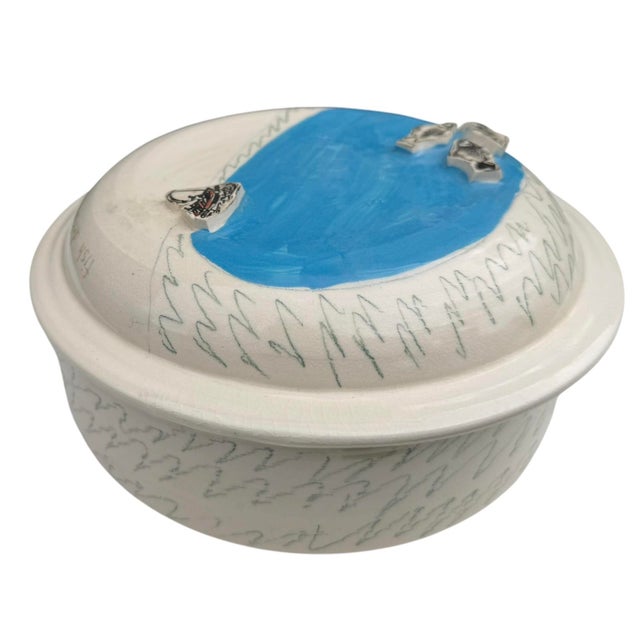 Mid-Century Modern Vintage Studio Pottery Covered Dish With Fish & Boat Lid Signed Folk Art Ceramic For Sale - Image 3 of 10
