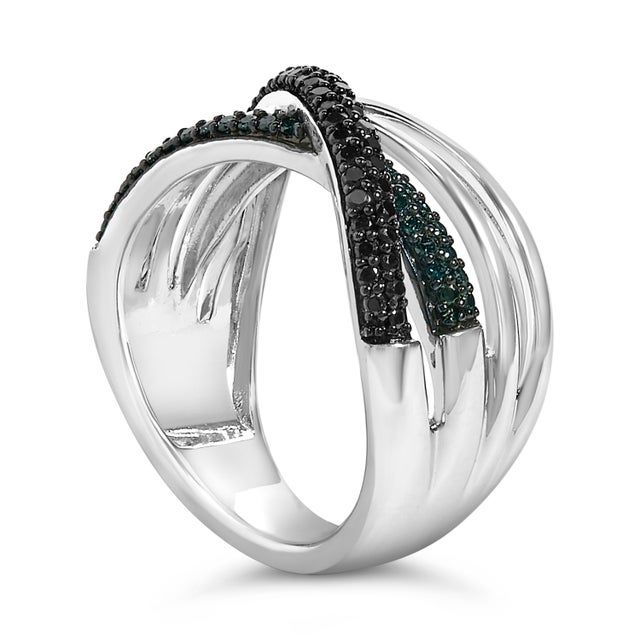 Haus of Brilliance Sterling Silver 1/2 Cttw Black and Blue Diamond Crossover Bypass Ring - Size 7 For Sale - Image 4 of 6