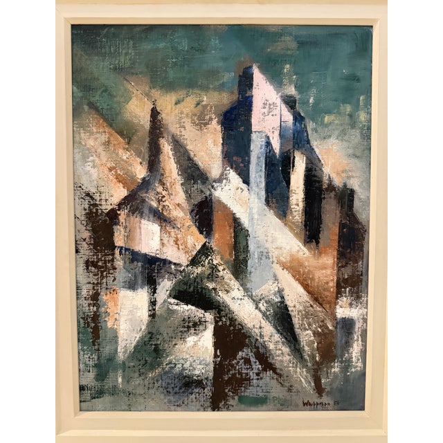 Original abstract geometric painting by Matthew Whippman, signed and dated 1956 lower right. Titled “Beton Piramide”...