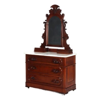 Antique Rococo Walnut 3-Drawer Marble Top Dresser & Mirror C1890 For Sale