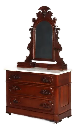 Antique Rococo Walnut 3-Drawer Marble Top Dresser & Mirror C1890