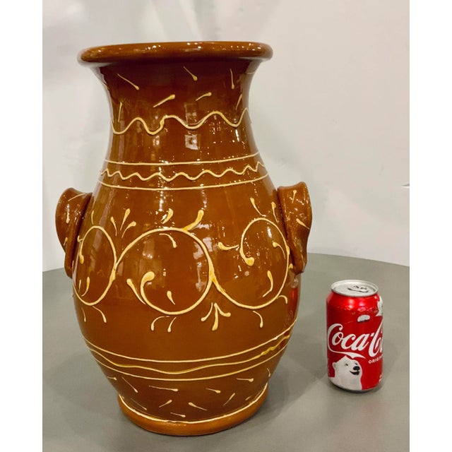 Transitional Italian Sienna and Yellow Pottery Jar With Handles For Sale - Image 4 of 5