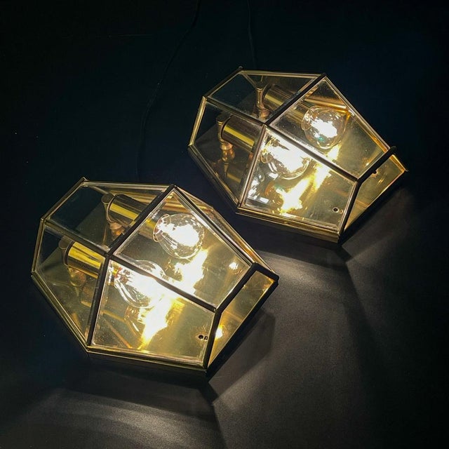 Hexagonal Gold Brass and Crystal Sconces, 1970s, Set of 2 For Sale - Image 6 of 14
