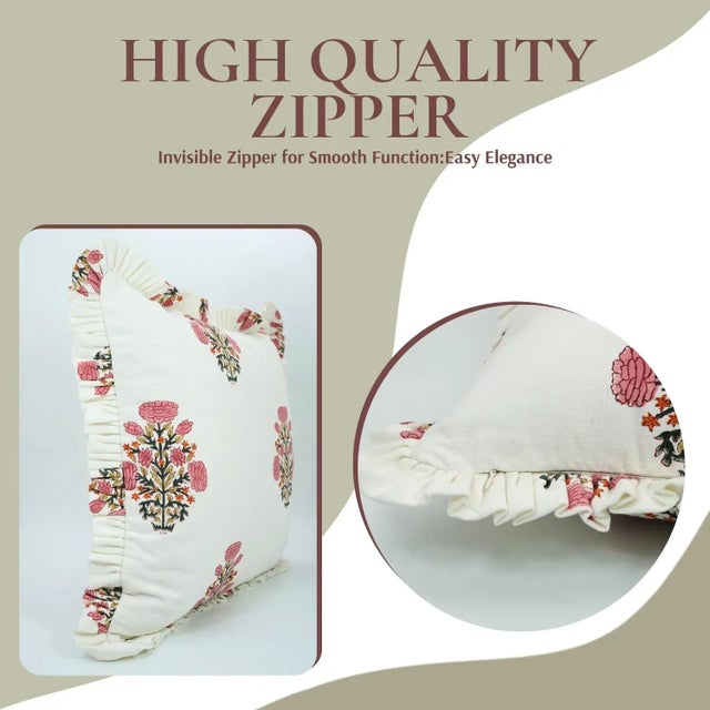 Art Deco Fabdivine Artisan Block Print Throw Frill Pillow Cover Pink 14x36 Inch Thick Cotton White- Swadesh For Sale - Image 3 of 5