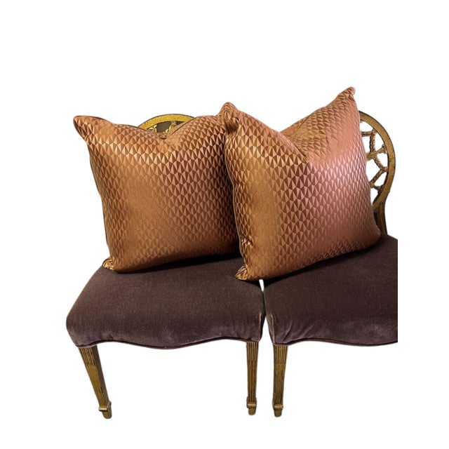 Newly made pair of Jim Thompson Fabric Pillows with Camel-colored Leather Piping. Fabric has a beautiful luster....