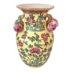 Large Vintage Chelsea House Style Chinese Porcelain Yellow Vase With Blue Birds, Flowers & Pomegranate Handles