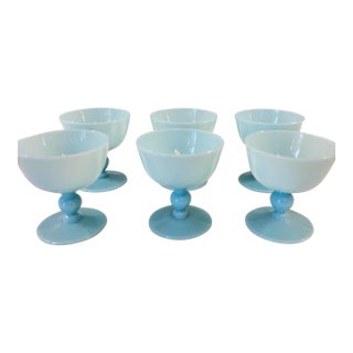 1930s Pretty set of 6 Morgantown Americana Turquoise blue opaline coupes // demi crystal // sherbet / champagne glasses // blue glasses For Sale