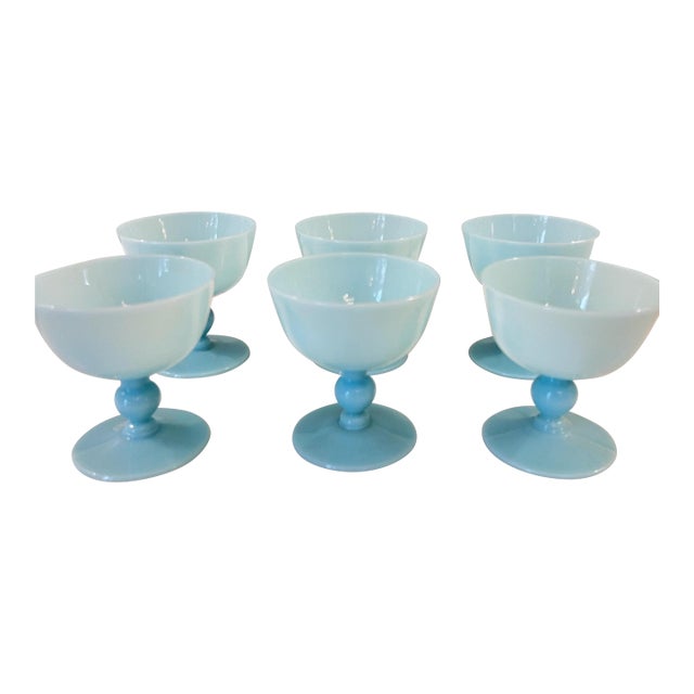 1930s Pretty set of 6 Morgantown Americana Turquoise blue opaline coupes // demi crystal // sherbet / champagne glasses // blue glasses For Sale