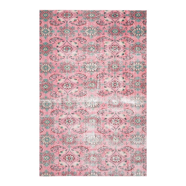1970s Vintage Turkish Handmade Wool Cotton Pink Area Rug For Sale
