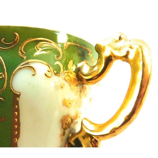 1930s Dresden Covered Two Handle Dessert Cup and Underplate With Raised Gold Trim For Sale - Image 12 of 18