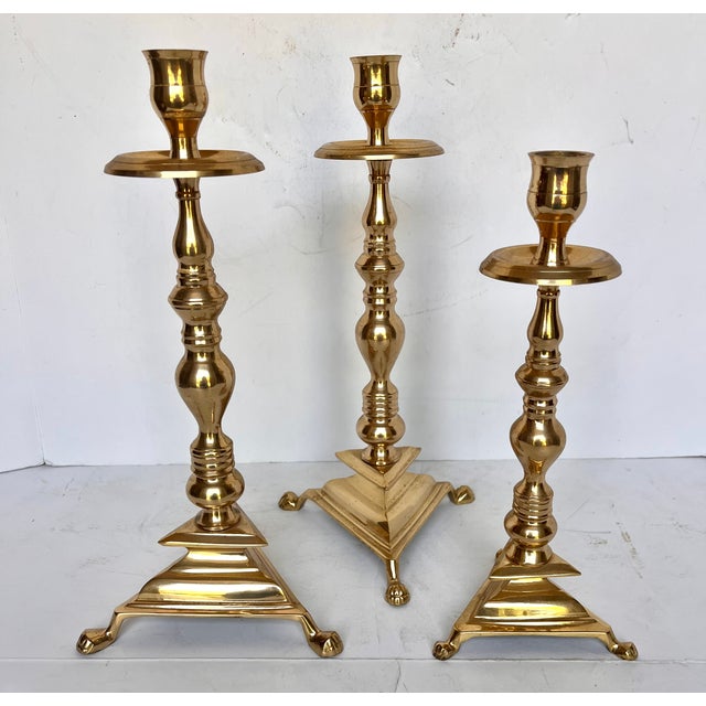 Vintage 1970s Brass Clawfoot Candle Holders - Set of 3 For Sale - Image 4 of 13