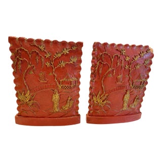 Asian Chinoiserie Carved Wood Bookends - a Pair For Sale