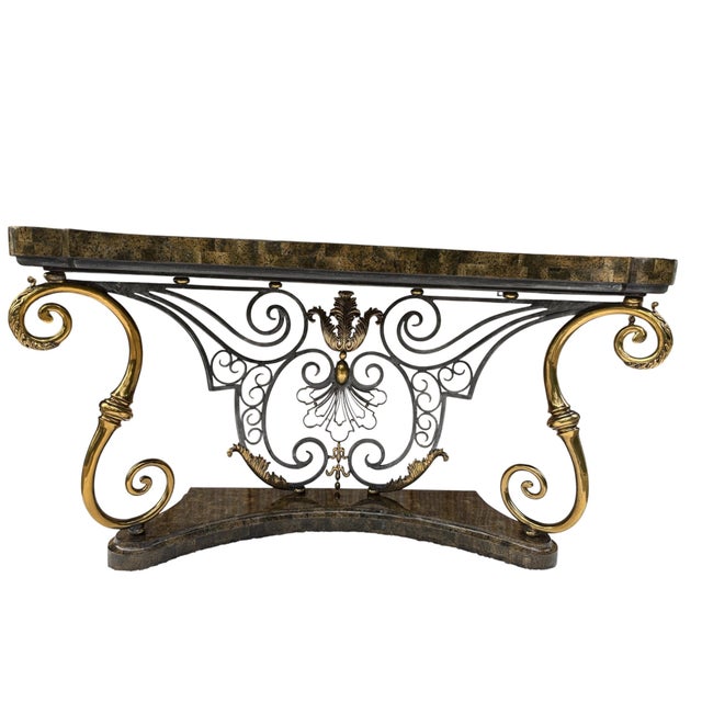 1990s Vintage Henredon Tessellated Stone Console With Sculptural Gold-Tone Scrollwork For Sale - Image 5 of 18