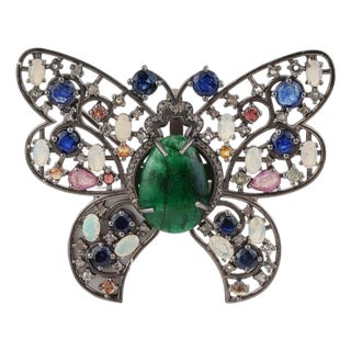 17.62 Carat Multi-Gemstone and Diamond Butterfly Brooch Pendant in Sterling Silver For Sale