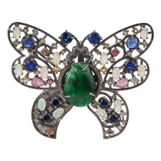 17.62 Carat Multi-Gemstone and Diamond Butterfly Brooch Pendant in Sterling Silver For Sale