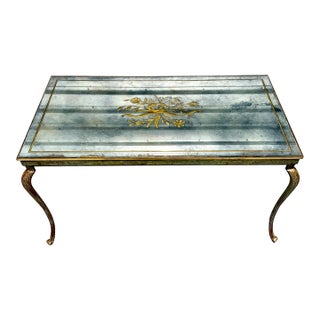 Mid 20th Century French Bronze, Iron and Églomisé Glass Coffee Table With Greek Key Frieze For Sale